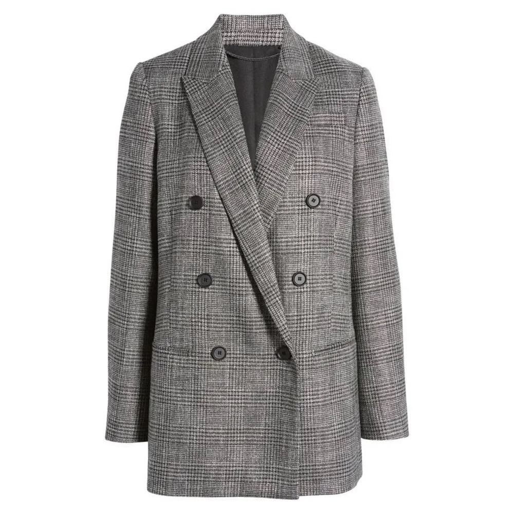 All Saints Astrid‎ Plaid Wool Blend Double Breasted Oversized Blazer Sz 2 Gray